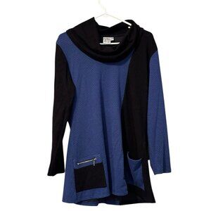 Parsley & Sage Womens Tunic Top Size Medium Blue Black Cowl Neck Soft Artsy City